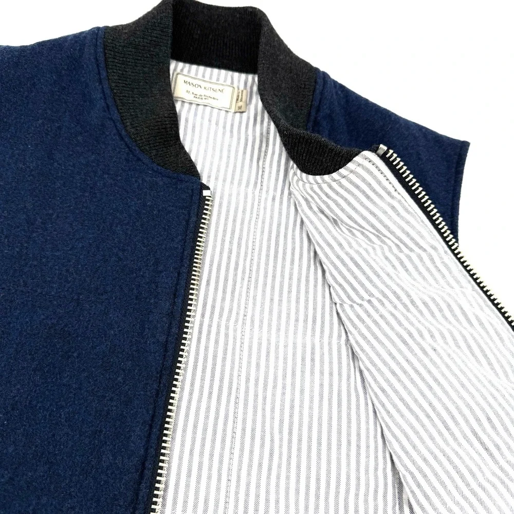 Maison Kitsuné Virgin Wool Zip Vest Blue Lined Made in‎ Slovenia XL FW15M241